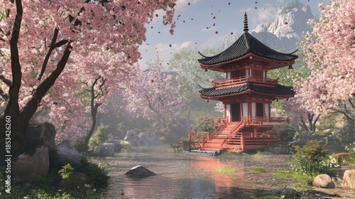 Traditional Japanese pagoda surrounded by cherry blossoms, elegant wooden craftsmanship, serene garden setting, soft spring light