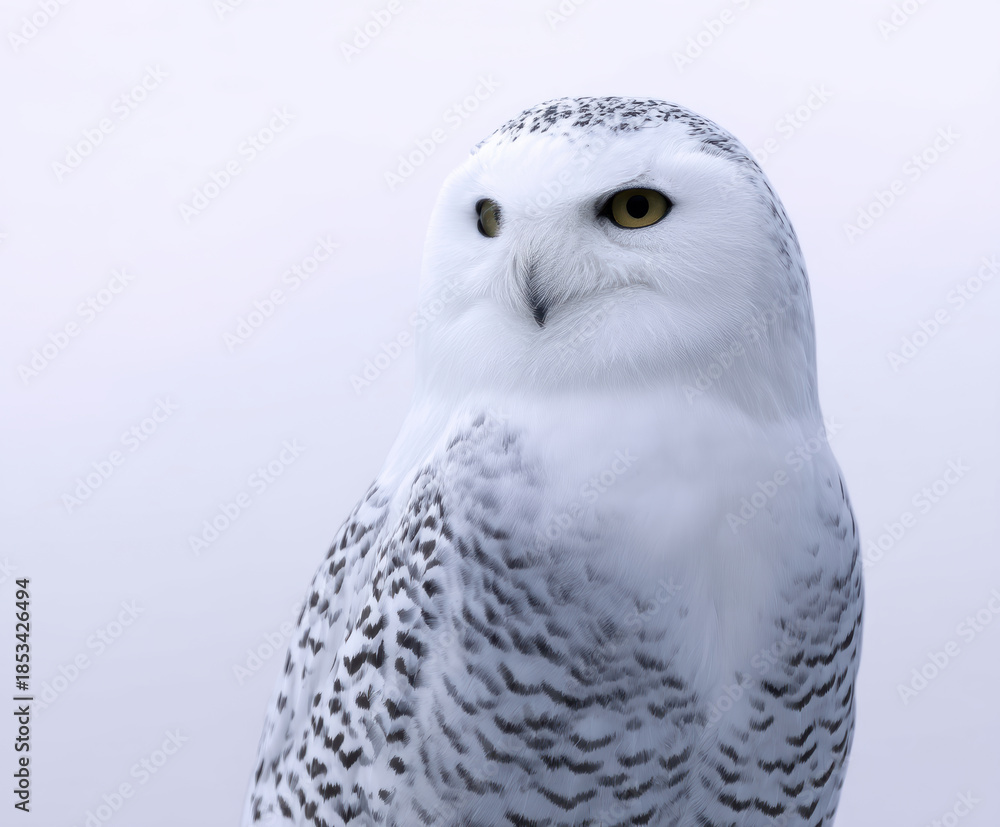 Fototapeta premium Alert white nature owl animal bird wildlife portrait animal portrait background white background studio shot isolated sitting watching eye head beak feather brown black peaceful natural light