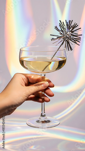 Champagne Cocktail Celebration: Hand Holding Elegant Glass with Sparkler at Festive Party, Reflecting Joyful Moments in Bright Colors and Shiny Atmosphere