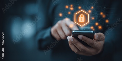 Person using a smartphone with a digital security lock icon and orange glowing particles