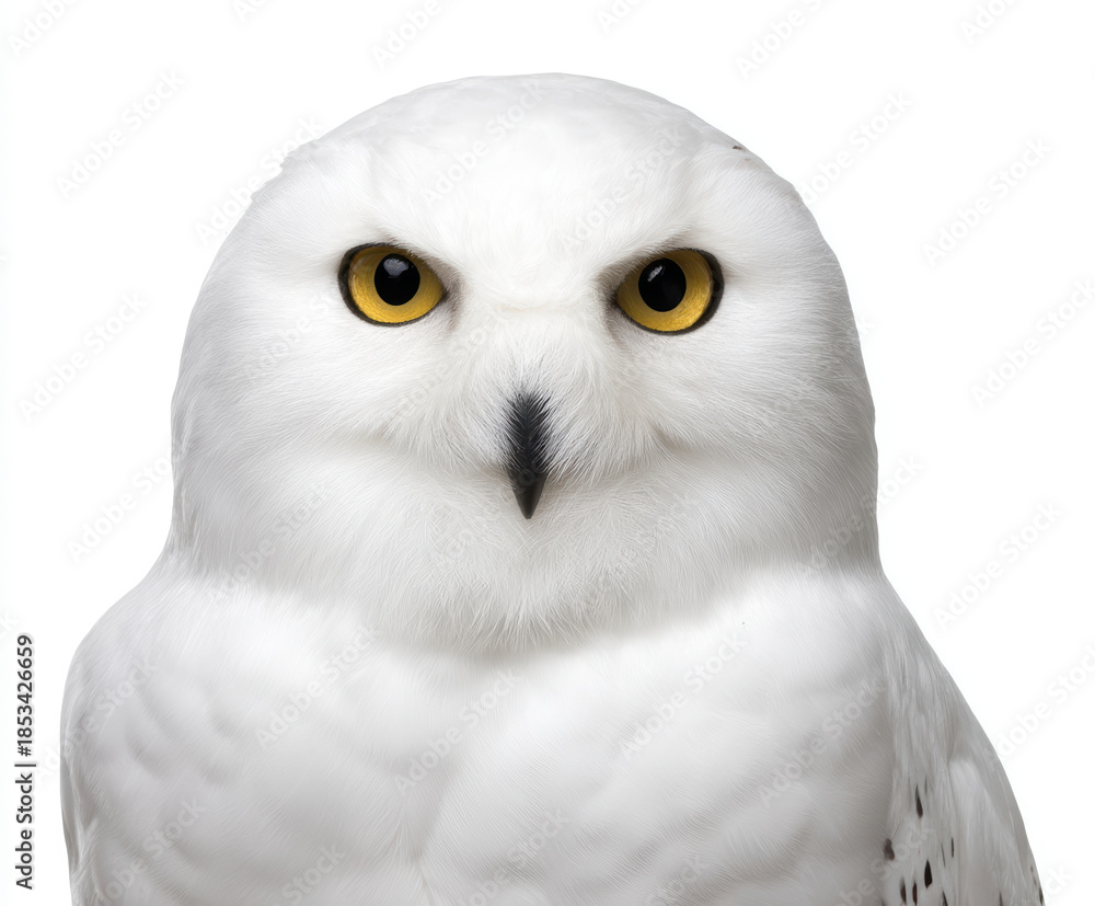 Obraz premium Alert white nature owl animal bird wildlife portrait background studio shot isolated sitting watching eye head beak feather brown black peaceful natural light design art closeup face ornithology