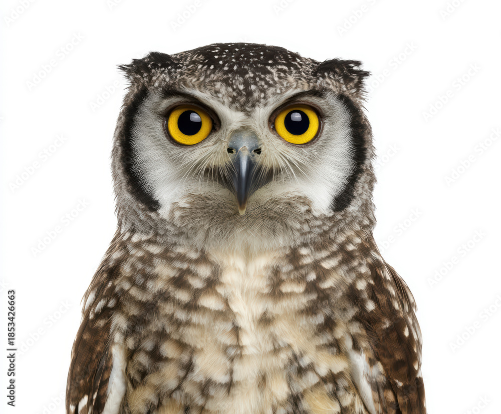 Fototapeta premium Alert white nature owl animal bird wildlife portrait animal portrait background white background studio shot isolated sitting watching eye head beak feather brown black peaceful natural light