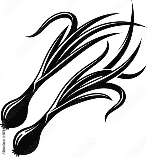 Stylized Black Silhouette of Two Scallions with Flowing Leaves Keywords: scallions, green onions, spring onions, allium, vegetable