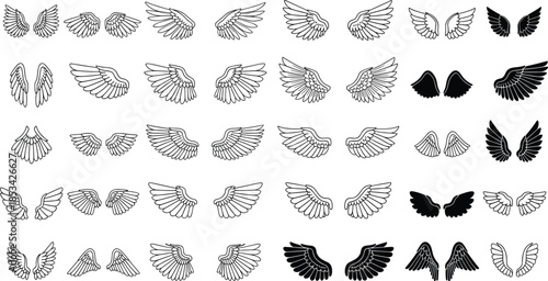 Large Set of Hand Drawn Vector Angel and Bird Wings in Black and White Outline and Silhouette Style