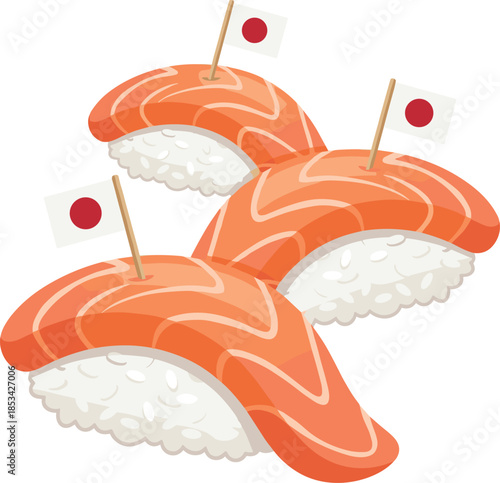 Three Salmon Nigiri Sushi with Japanese Flags on White Background Keywords: sushi, nigiri, salmon, japanese food, seafood, rice
