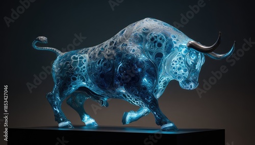 Translucent sculpted bull with intricate glowing patterns, posed powerfully