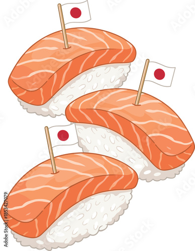 Three Salmon Nigiri Sushi with Japanese Flags on White Background Keywords: sushi, nigiri, salmon, japanese food, seafood, rice