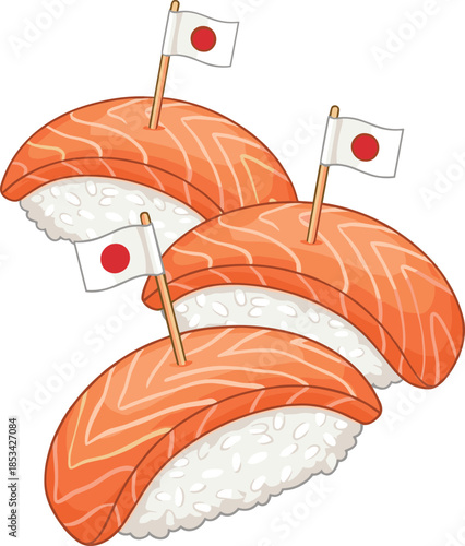 Three Salmon Nigiri Sushi with Japanese Flags on White Background Keywords: sushi, nigiri, salmon, japanese food, seafood, rice