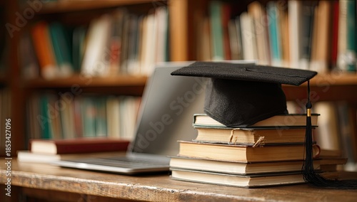 Graduation cap atop books with laptop and bookshelf in background