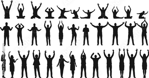 Large Set of People Silhouettes with Hands Raised for Celebration and Success Vector Illustration