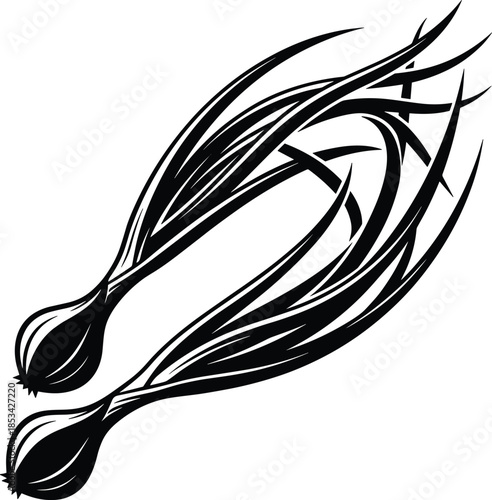 Two Black Silhouettes of Scallions with Intertwined Leaves Keywords: scallions, green onions, spring onions, allium, vegetable