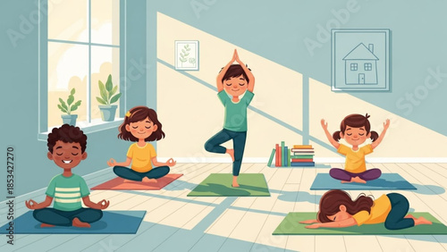 Happy Kids Practicing Yoga at Home Healthy Lifestyle Vector Design