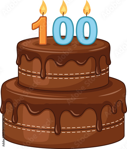 Two Tier Chocolate Cake with Candles Number 100 on White Background Keywords: cake, birthday, celebration, chocolate, dessert