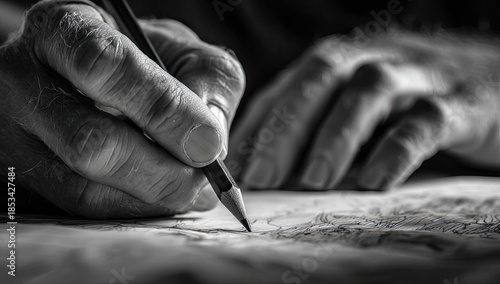 Close-up of a person's hands in grayscale, sketching with a pencil