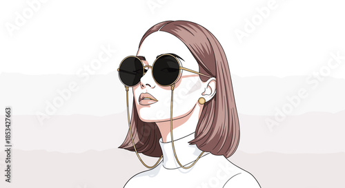 A stylish portrait of a beautiful woman with short brown hair, wearing large round sunglasses with a gold chain. This elegant and modern fashion illustration has a chic and sophisticated vibe.