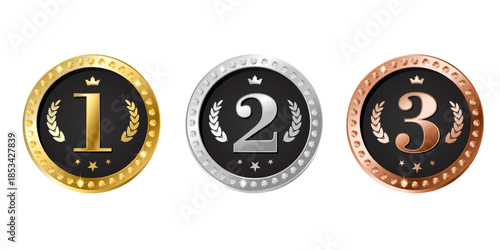 Luxury gold, silver, bronze award medal with numbers one, two, three, crown, stars, laurel wreath. Elegant glossy badge Vector illustration set on white background