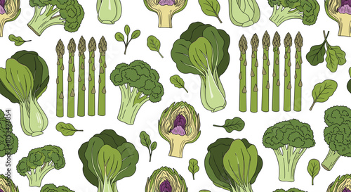 A fresh and healthy seamless pattern of hand-drawn green vegetables, including broccoli, artichoke, asparagus, and bok choy. This botanical food background is perfect for kitchen decor or menus.
