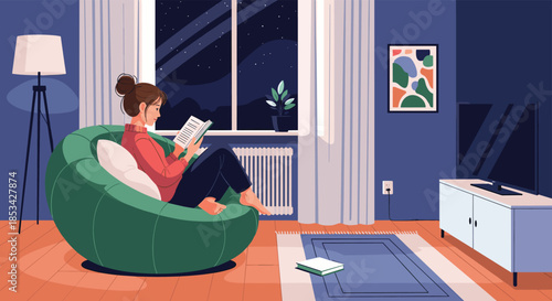 A woman relaxes in a cozy living room at night, reading a book while sitting in a comfortable beanbag chair. This peaceful illustration represents tranquility, hobbies, and enjoying time at home.