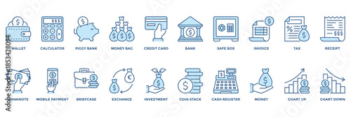 Finance vector icons with dollar signs for apps and business. Includes wallet, bank, calculator, credit card, and investment icons. Ideal for fintech and accounting.