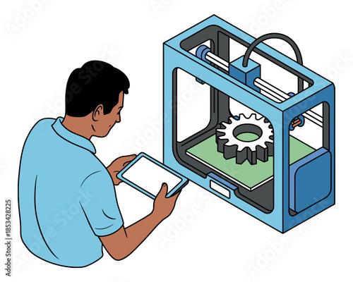 A person uses a tablet to control a 3D printer creating a gear.