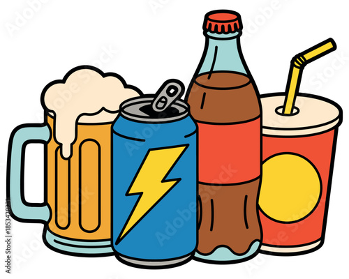 A variety of refreshing drinks are displayed together, including a mug of beer, a soda can, a soda bottle, and a disposable cup with a straw.