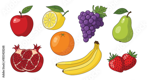 A collection of various colorful and fresh fruits, including an apple, lemon, grapes, pear, pomegranate, orange, banana, and strawberries. This healthy food vector set is isolated on white.