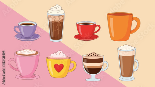 A delightful collection of assorted coffee drinks, including lattes, cappuccinos, and espressos, served in colorful mugs and cups