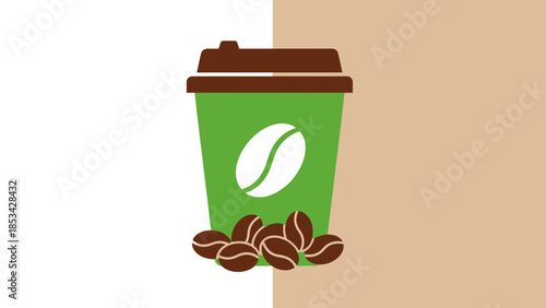 Illustration of a green coffee cup with coffee beans on a brown and white background