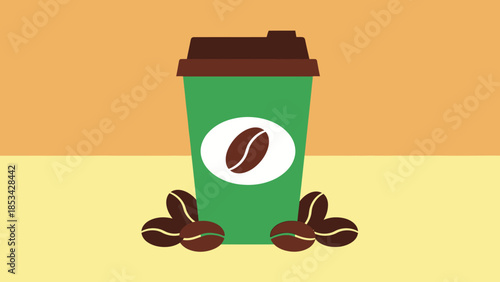A green paper cup with a coffee bean logo and several roasted coffee beans scattered around it, representing a beverage or a quick break