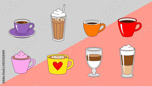 A colorful collection of various coffee drinks and cups, presented in a clean, vector illustration style