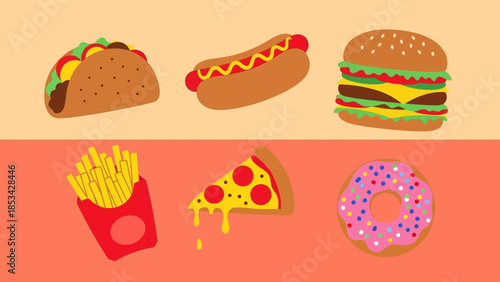 A vibrant and delicious illustration featuring a variety of popular fast food items, including tacos, hot dogs, burgers, fries, pizza, and donuts, presented in a playful and colorful style
