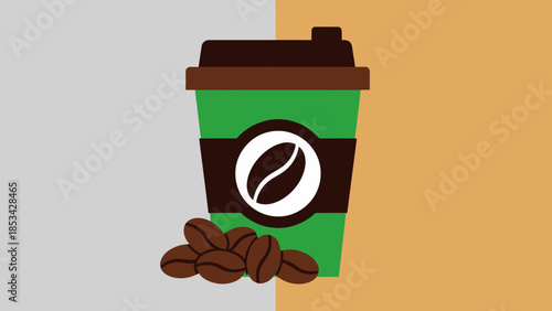 A vibrant green disposable coffee cup with a white coffee bean logo and a scattering of roasted coffee beans on a split background