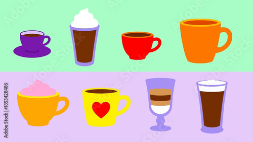 Collection of colorful illustrated coffee and tea cups and mugs with beverages