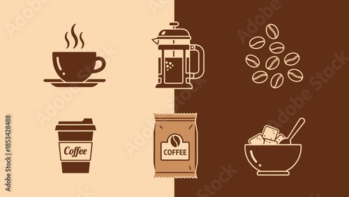 Collection of coffee-related icons showcasing a cup of coffee, French press, coffee beans, takeaway cup, coffee bag, and sugar cubes