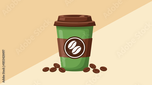 A green disposable coffee cup with a brown lid and coffee beans scattered around it on a neutral background, symbolizing a quick beverage