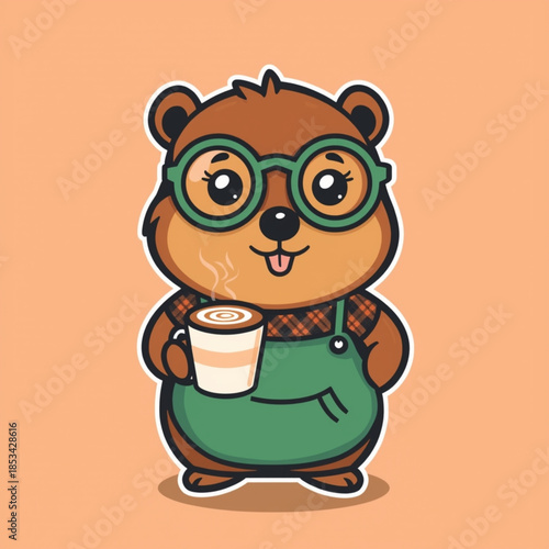 Happy woodland creature with oversized green glasses sips a comforting cup of hot beverage