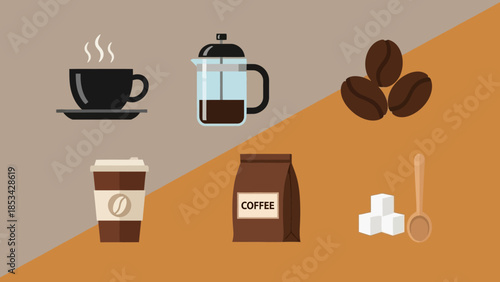 Collection of coffee-related icons including a cup, French press, beans, bag, sugar cubes, and disposable cup