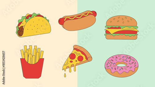 Collection of various coffee drinks and tea cups in different colors and styles on a pastel background