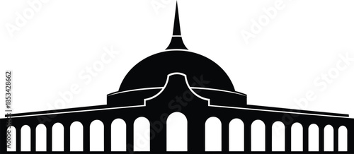 A striking black silhouette depicts a grand building with a prominent dome and colonnaded facade showcasing architectural elegance high quality professional