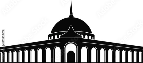 a striking black silhouette depicts a grand architectural structure featuring a prominent dome and a series of arched entryways isolated on white