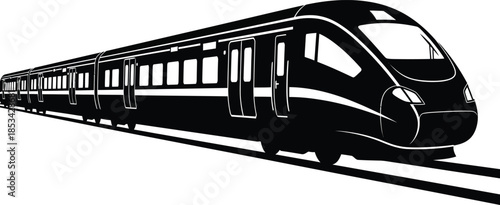 a sleek black and white illustration depicts a long passenger train moving forward on a single rail track emphasizing modern transportation