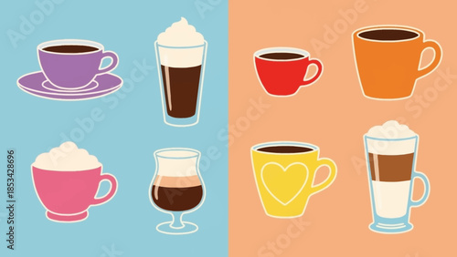 A collection of coffee-related items, including a steaming cup, a French press, beans, a takeaway cup, a coffee bag, and a bowl of iced coffee, depicted in a stylized, flat design