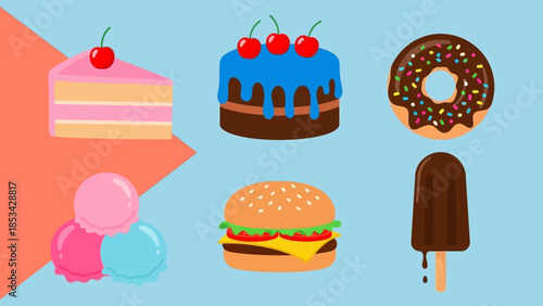 A delightful assortment of sweet and savory treats, featuring a slice of cake, cupcakes, doughnuts, ice cream scoops, a burger, and a popsicle