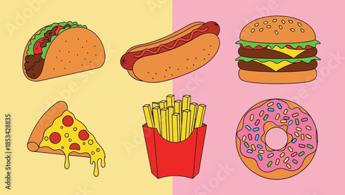 A colorful and vibrant collection of classic American fast food illustrations including pizza, tacos, burgers, hot dogs, french fries, and donuts