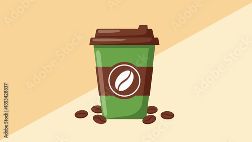 A refreshing green coffee cup with a lid and scattered coffee beans on a beige and cream background