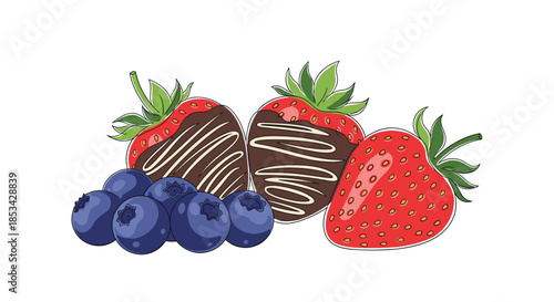A delicious and romantic dessert illustration of chocolate-covered strawberries and fresh blueberries. This sweet hand-drawn vector graphic is perfect for Valentine's Day, parties, or food blogs.
