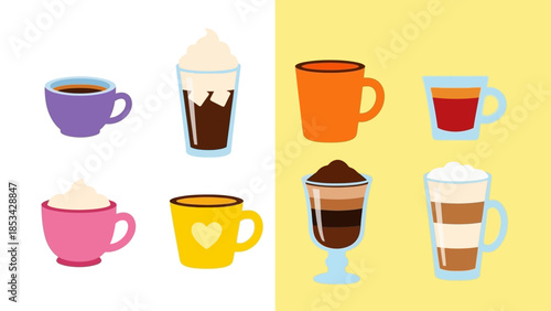 Collection of delightful beverage cups and mugs in various colors and styles for your designs