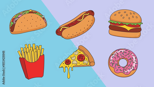Fast Food Collection Delicious Burgers, Hot Dogs, Fries, Pizza, Tacos, and Doughnuts on a colorful background