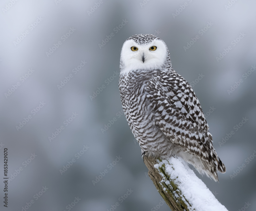 Fototapeta premium Bird prey log perched snowy white owl wildlife animal winter snow forest nature wild animal sitting watching alert eye head beak feather branch wood natural light outdoors habitat portrait animal