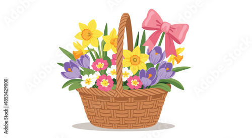 A beautiful wicker basket filled with a colorful bouquet of spring flowers, including daffodils and crocuses, tied with a pink bow. This charming vector illustration is perfect for Easter or spring.